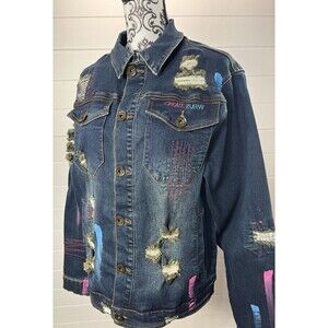 Create 2MRW Jean Jacket Womens Sz Large Distressed Hand Painted Cotton Blue